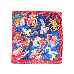 Fantasy Animals. A square, fabric knot wrap. The edges are designed with abstract red swirls with dots. The centre is a playful, blue pattern depicting eleven, colourful fantasy animals.
