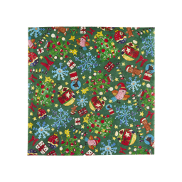 Festive Frolics Lokta paper. A square sheet of Lokta wrapping paper featuring a green backdrop covered in a repeating festive pattern of Christmas trees, baubles, gingerbread figures, birds in hats, and snowflakes