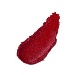 Firecracker. A neatly smeared swatch of shimmery, deep scarlet red lipstick. The swatch is thick and textured with an almost metallic sheen.