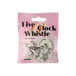 Five O'Clock Whistle. A pastel-pink sachet packet. An illustration shows a glamorous lady with a cocktail in hand. The text reads: Five O'Clock Whistle Mouth Wash.