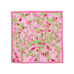 Floral Meadow. A vibrant, square fabric knot-wrap featuring an impressionist floral design. Bright pink poppy-like flowers and green leaves are scattered across a pale pink background with a bold magenta border, creating a fresh, meadow-like pattern.