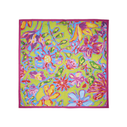 Flourish In Colour. A vibrant, square fabric knot-wrap with a hand-painted floral design. Pink, purple, yellow, and blue flowers are scattered across a bright lime-green background with a hot-pink border