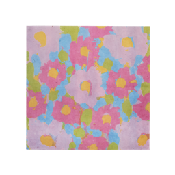 Flower Up. A vibrant, square sheet of Lokta paper features a soft, impressionist floral design. Large, watercolour blooms in shades of pink, purple, and pale lilac are scattered across a light blue background.