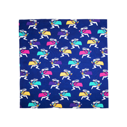Follow The White Rabbit, blue square Knot Wrap, with running rabbits from Alice in Wonderland with coloured coats dotted over. 