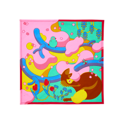 Forest Awaken. A vibrant square fabric knot wrap with a bold, colourful illustration featuring a stylised brown fox, a small turquoise bird, and pink cherry blossoms. The background uses bright green, pink, and yellow swirls with red tulip accents.