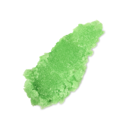 French Kiss. A neatly smudged swatch of thick, textured, bright lime-green lip scrub with visible sugar granules. 