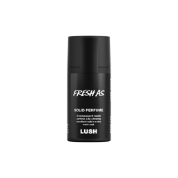 Fresh As. A short, cylindrical black push-up tube of the Fresh As solid perfume with a black label on the front covering the cap, with the product name and scent printed on it. 