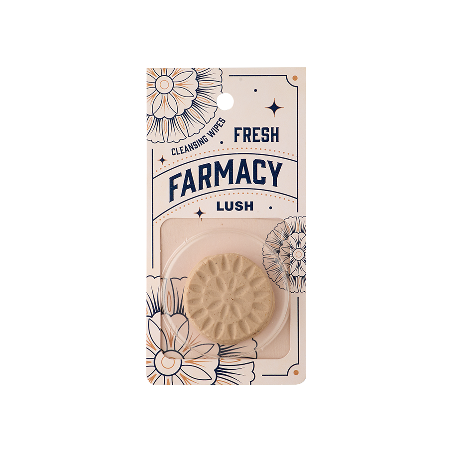 Fresh Farmacy. Two delicate, circular facial solid cleansing pads with a floral-like design. The packaging is a cream colour with delicate flower illustrations and detailings. The text reads: Fresh Farmacy Cleansing Wipes. 