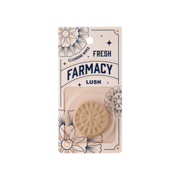 Fresh Farmacy. Two delicate, circular facial solid cleansing pads with a floral-like design. The packaging is a cream colour with delicate flower illustrations and detailings. The text reads: Fresh Farmacy Cleansing Wipes. 