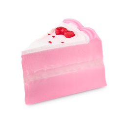 Friendship Cake. A novelty, Hello Kitty-themed soap shaped like a perfect slice of cake. The soap is a pastel-pink, typically triangular, wedge shape. There is white decoration for frosting on top and a small red bow.