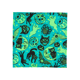 Fright Night. A square, fabric knot wrap. The base is a cool, turquoise colour with illustrations of black cats, bats, pumpkins, spiders, ghosts and eyeballs. 