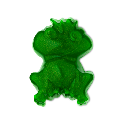 Frog Prince. A bright, green shower jelly shaped like a sitting frog complete with a smile, big eyes and a crown on the top. There are flecks of golden glitter throughout the product. 