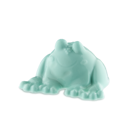 Froggy Friend. A wobbly, gelatinous shower jelly in a pale, pastel green/teal colour shaped like a round, sitting frog. 