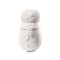 Frosty The Snowman. A full snowman-shaped bath bomb in a crisp white colour. The snowman has details like a scarf, and heart-shaped buttons down its body. There are tiny blue flecks throughout the bath bomb. 