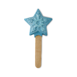 Frozen. A reusable bubble bar comprised of a wooden stick handle and a typical, five-pointed star-shaped, blue bubble bar on top. There is a snowflake shape embossed on the star and a visible silver shimmer throughout the product. 