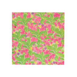 Garden in Spring. A vibrant, square sheet of Lokta paper with a lush floral design. Small pink, purple, and yellow flowers are nestled among green leaves, covering the entire surface in a dense, meadow-like pattern on a soft green background.