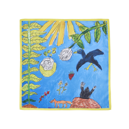 Garden Mural. A vibrant, square fabric knot-wrap features a hand-painted scene on a bright blue background. The design includes a large sun, a tall green plant, a soaring black bird, a fox, a mole emerging from a mound, with flowers and berries.