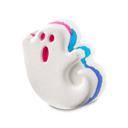 Ghostie bath bomb. A white, ghost-shaped product with a rounded base and a curled tail. It has two pink eyes and an open pink mouth, with a pink and blue stripe around the centre. 
