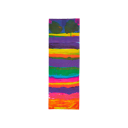 All The Colours. An oblong, Tenugui-style fabric wrap placed vertically. There are horizontal layers of vividly bright colours ranging from neon yellow to deep purple.