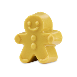 Gingerbread. A gelatinous, glossy, golden-mustard coloured gummy facial wash in the shape of a classic gingerbread man, featuring details like eyes, smile and buttons. 