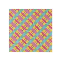 Gingham. A square sheet of Lokta wrapping paper. The pattern is a colourful, Gingham design with pastel blue, pink, red and purple on a yellow background.