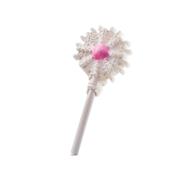 Glinda's Wand. A white, round snowflake-shaped bubble bar with a pink centre and coated in shimmering, silver lustre sits at the top of a white and silver wooden stick handle.