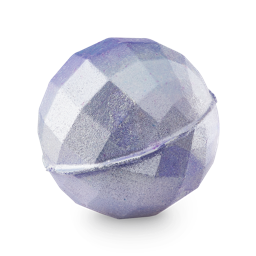 Bathe All The Time. A faceted, spherical bath bomb with a shimmering, lilac-purple finish. The surface is textured with geometric, diamond-like planes, resembling a disco ball. 