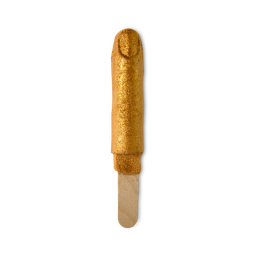 Goldfinger. A reusable bubble bar comprised of a wooden stick handle with a long, golden index finger-shaped bubble bar at the end. The Finger shape is complete with an embossed nail and is covered in shimmering, golden lustre. 