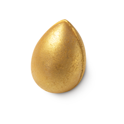 The Golden Egg, a 3D egg shaped bath bomb, with a golden shimmer all over.