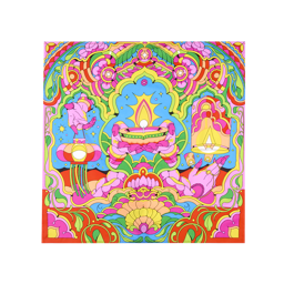 Golden Glow Knot Wrap. A square, multicoloured fabric wrap with a vibrant, intricate design. It features a central Diya lamp held in hands, with flowers, leaves, and lanterns in shades of pink, yellow, blue, and green.