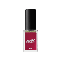 Goodnight sweetheart. A square, clear glass fragrance bottle with a black metal lid. The front label is a deep red colour with the product name printed in white.