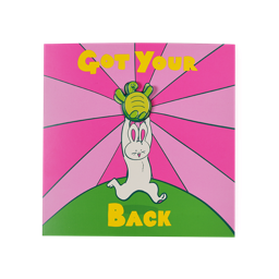 Got Your Back. A square greetings card designed with radiating, alternating dark and light pink rays. In the centre, a white rabbit kneels on a green hill holding a smiling turtle above its head. The turtle is a detachable metal pin badge. 