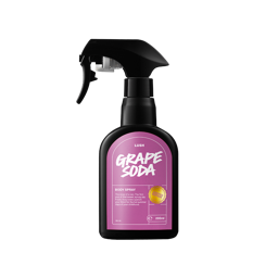 Grape Soda. A classic black LUSH body spray bottle with a deep purple sticker with the product name "Grape Soda" printed on the front. 