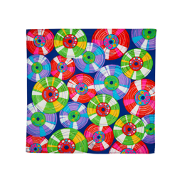 Greatest Hits. A Square knot wrap with a dark blue background and a pattern of brightly coloured, retro vinyl records.