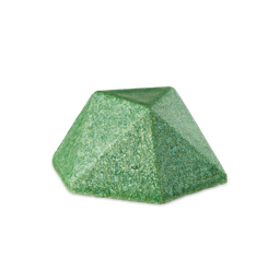 A faceted, pyramid-shaped bar of Green Glitterbug body bar in a dense, shimmering emerald green color with visible plastic free glitter, set against a light grey background.