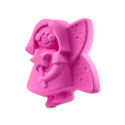 Groovy Snow Fairy. A vibrant, bright pink bath bomb shaped like a cute fairy character, complete with wings and star-topped wand. 