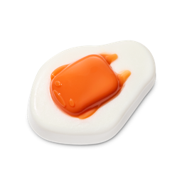 Gudetama. A glossy shower gummy shaped like an over-easy fried egg. It features a flat white base with a raised, translucent orange "yolk" in the centre that has the faint features of a lazy character face