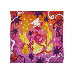 Guiding Lights. A colourful, square knot wrap of Malaysian inspiration depicting a traditional starry night with dusky pink colours, golden buildings, stars and swirls. 