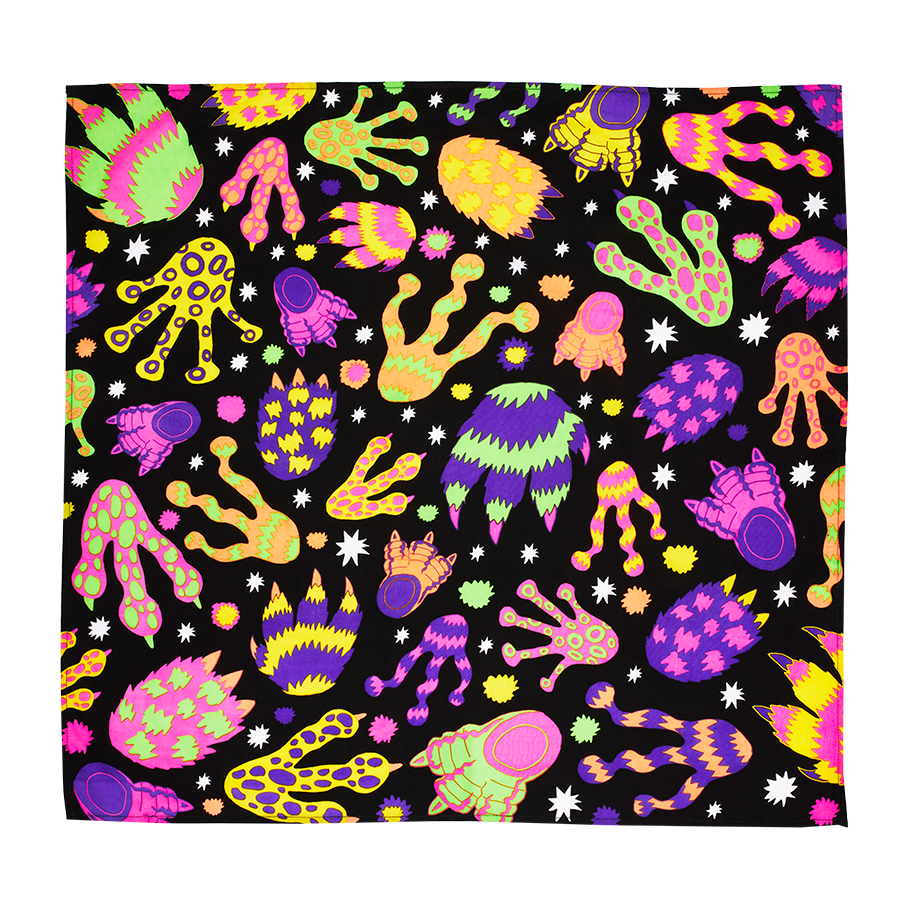 Hairy Monster Feet Knot Wrap. A black background covered in colourful, stripy and spotty monster feet and sparkles.