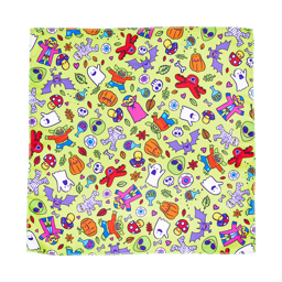 Halloween Buds. A pastel green Knot Wrap patterned with fun, friendly Halloween characters from ghosts to mushrooms.