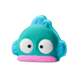 Hangyodon. A teal bath bomb shaped like a cartoon fish character with a pink mouth, large white eyes with black pupils, and light blue fins.