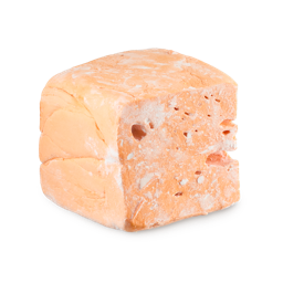 Passion Fruit Delight floating soap. A cuboid-shaped block of pastel orange soap, resembling the texture of a dense marshmallow, with a porous texture and visible holes. It has a light dusting of white powder.
