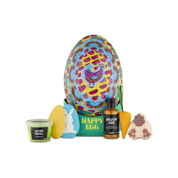 Happy Egg. A large, card-based egg-shaped gift box. The egg gift box is designed with bold, striking colours and shapes with a bright chicken illustration in the centre. There are five Easter-themed products sitting around the gift box. 