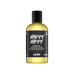 A bottle filled with pale yellow Lush shower gel, featuring a black label with white text reading "Happy Hippy".