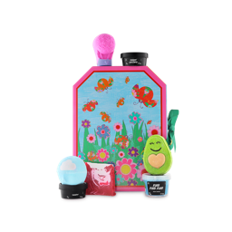 Happy Mother's Day. A rectangular lidded box with cut corners and tied with a green ribbon. The front design shows a field of grass and flowers surrounded by floral ladybirds. Seven themed products sit on and around the box.