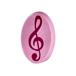 Harmony Soap. An oval, light pink soap bar featuring an embossed treble clef symbol filled with dark magenta pink detail.