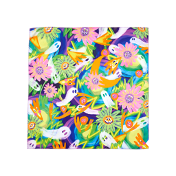 Haunted Garden. A colourful, square, fabric knot wrap. A playful, abstract design consisting of fun flowers with faces, gliding ghosts and pops of bright colours.