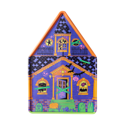 Haunted House Tin, a purple gifting tin with orange and green halloween house designs.