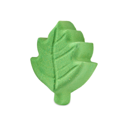 A bright green Lush bath bomb shaped like a Hawthorn leaf, detailed with embossed veins.