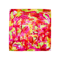 Hearts and Swirls. This knot wrap consists of warm orange, pink, red and yellow tones in bursts of flowers and hearts.